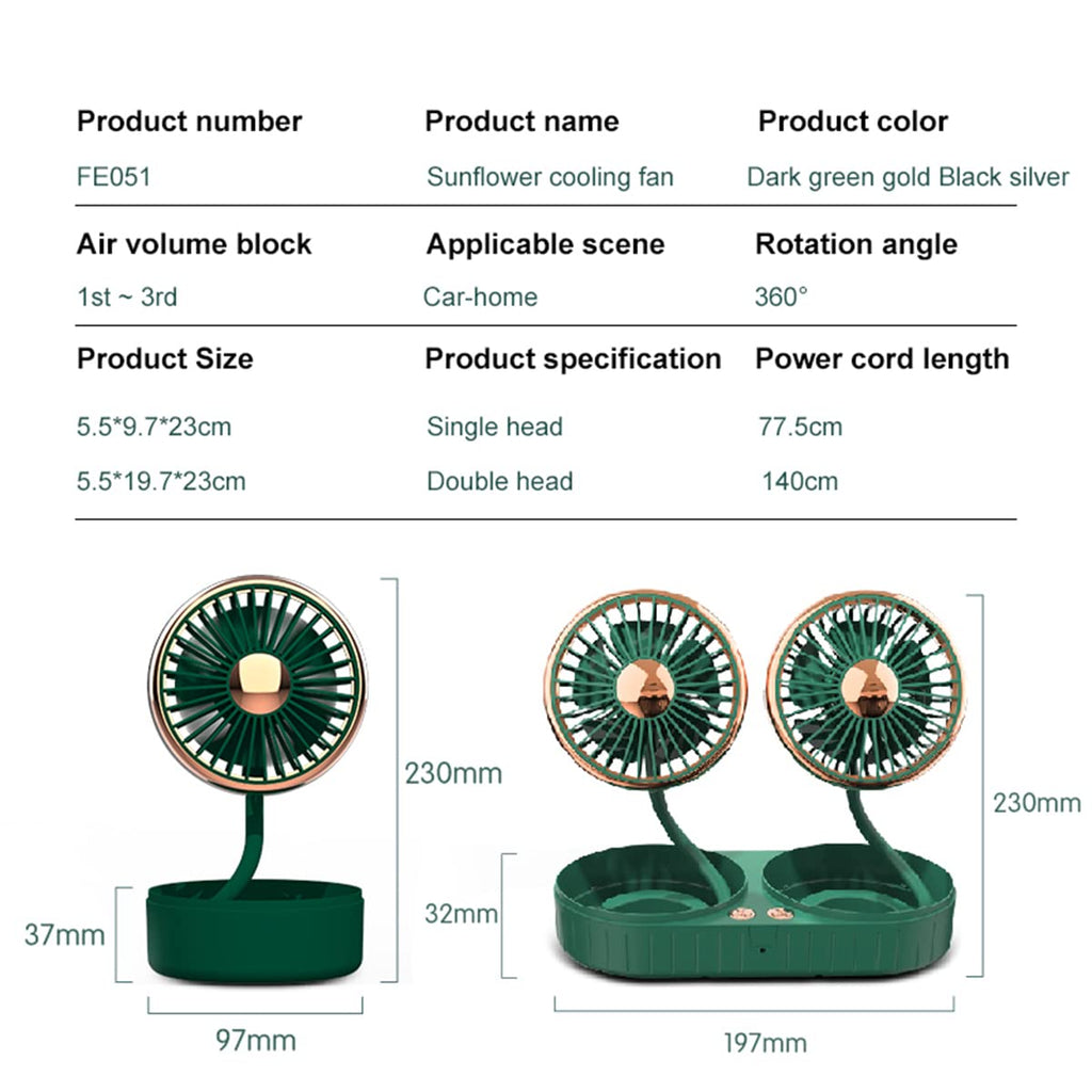 Dual-Head USB Car Cooling Fan with 3 Speeds & 360° Rotation