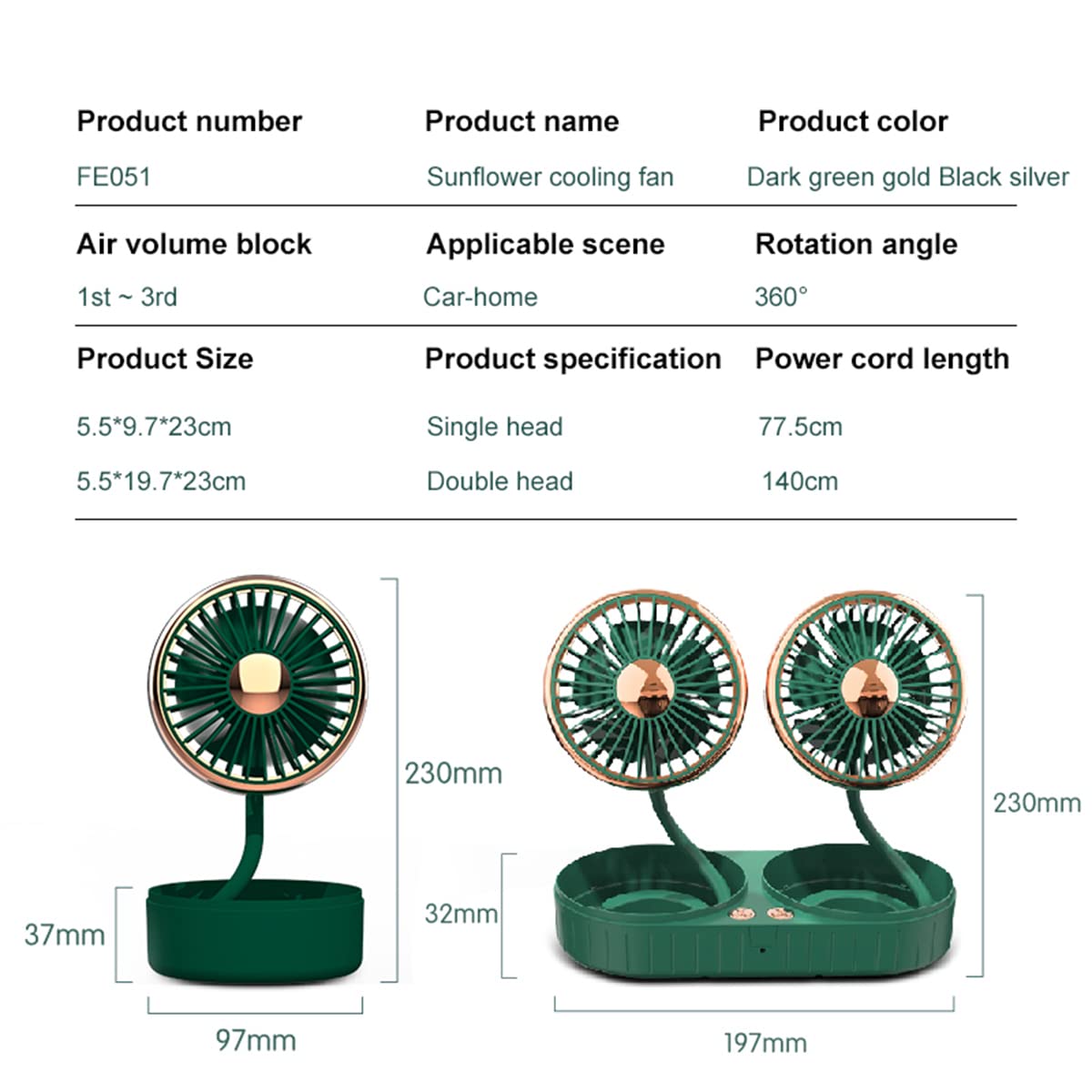 Dual-Head USB Car Cooling Fan with 3 Speeds & 360° Rotation