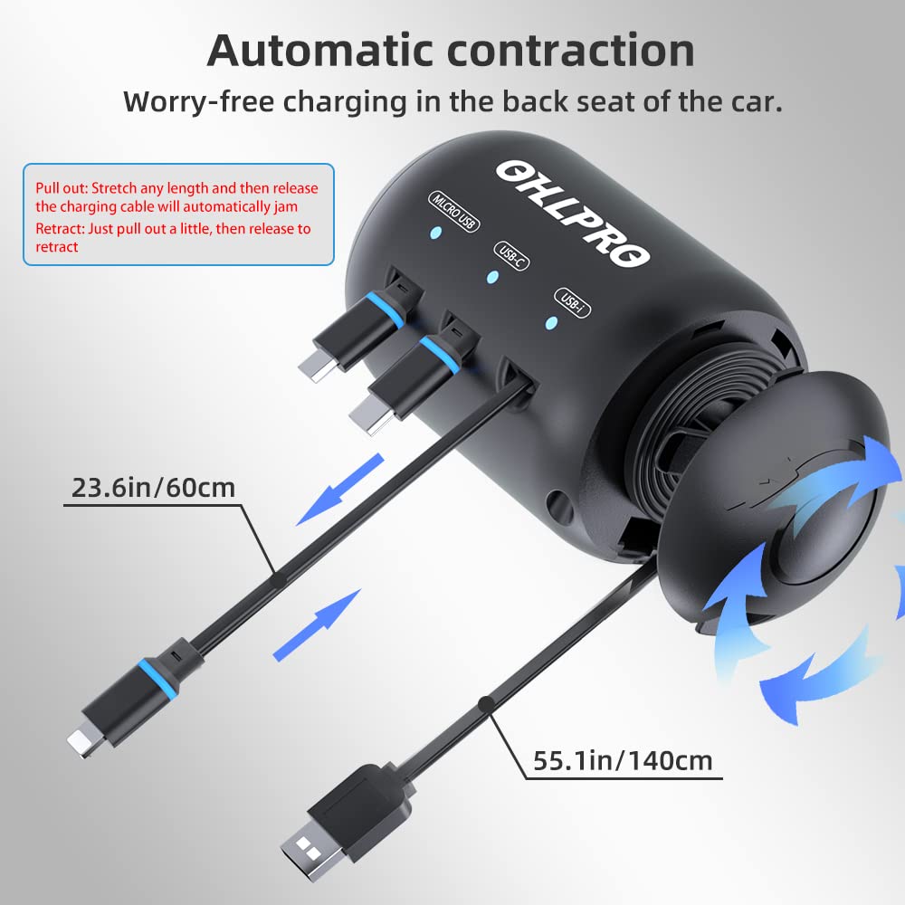 OHLPRO 3-in-1 Retractable Backseat Car Charging Station