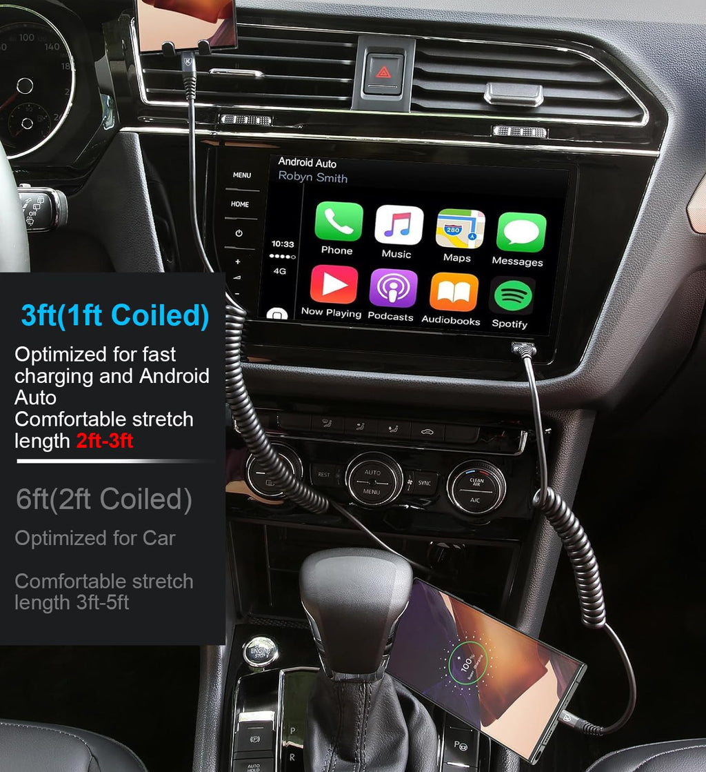 KIYODA 2-Pack Coiled USB-C Car Charging Cables