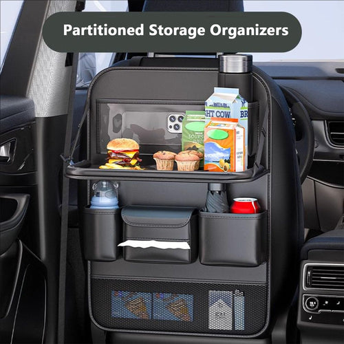 2 Pack Car Backseat Organiser with Foldable Table Tray, Kick Mats for Seat Protection,Multi-Pocket Storage Organizer Tablet Holder & Snack Pouch, Universal Fit Cars SUVs