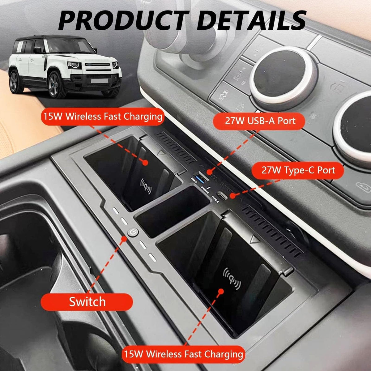 Dual Wireless Car Charger for Land Rover Defender 90/110/130