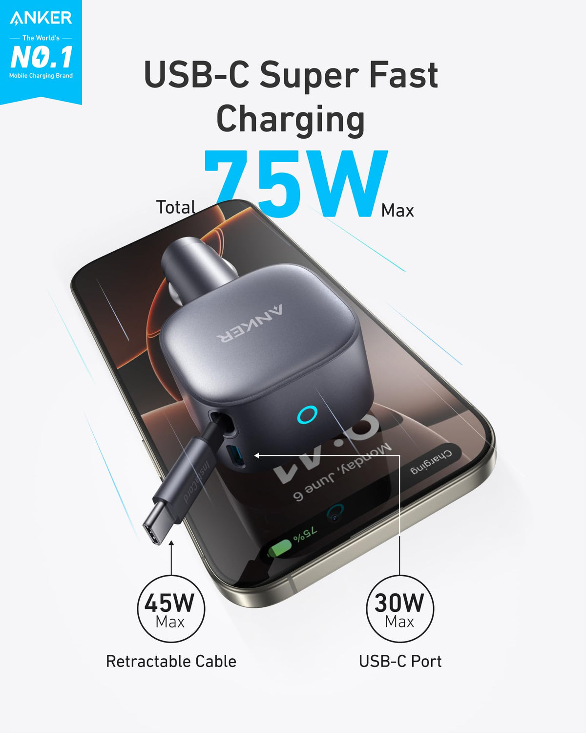 Anker 75W Retractable USB-C Car Charger & Qi2.2 Charging Dock