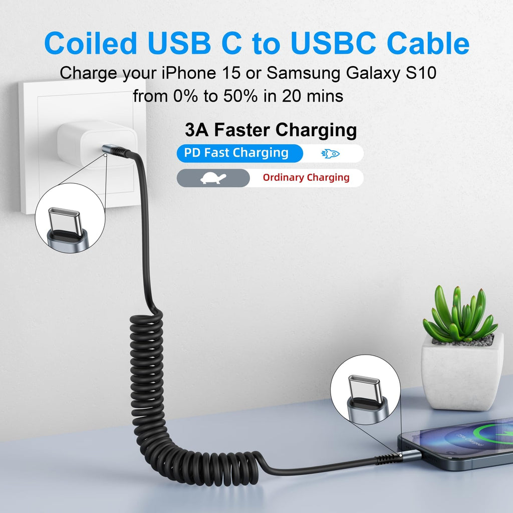 KIYODA 2-Pack Coiled USB-C Car Charging Cables
