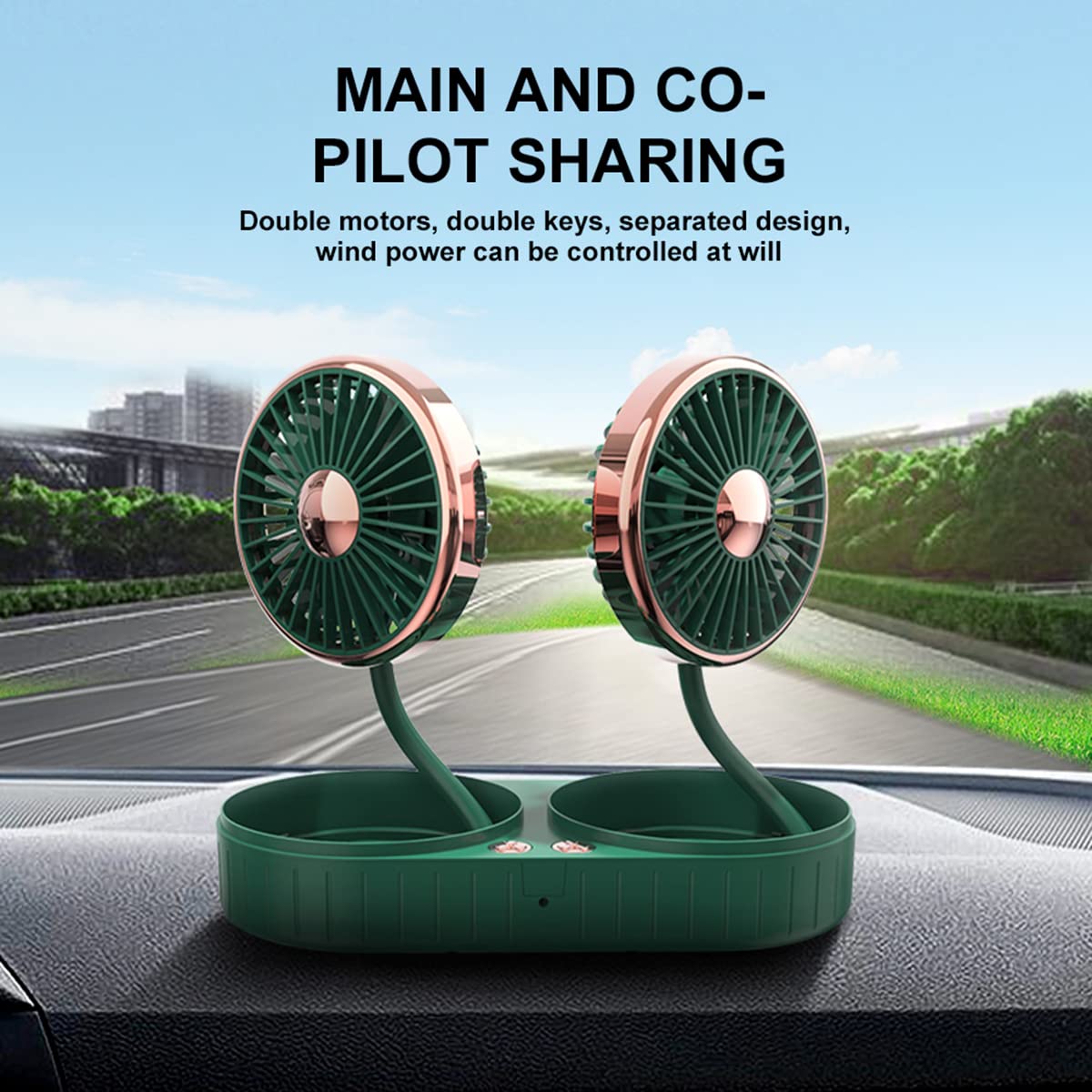 Dual-Head USB Car Cooling Fan with 3 Speeds & 360° Rotation