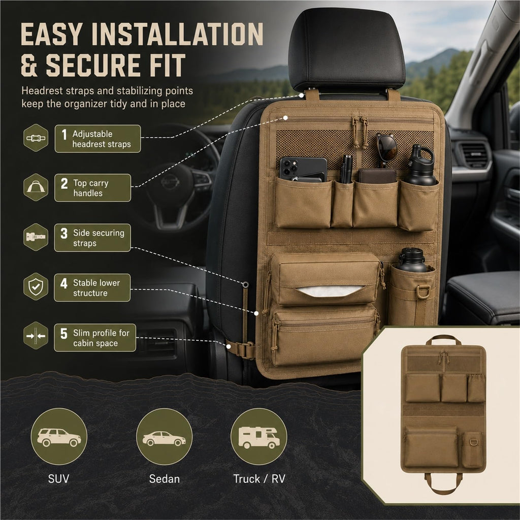 Tactical MOLLE Car Seat Back Organizer with Storage Pockets