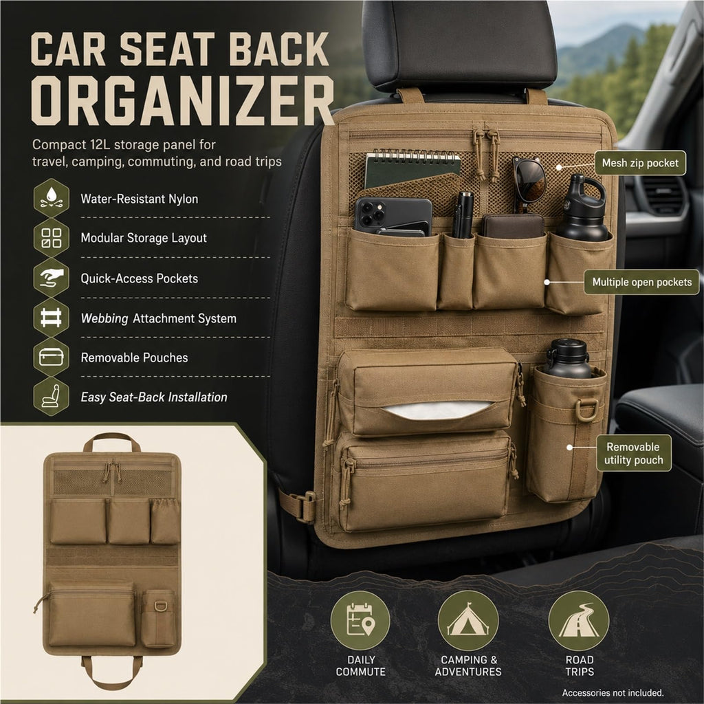 Tactical MOLLE Car Seat Back Organizer with Storage Pockets