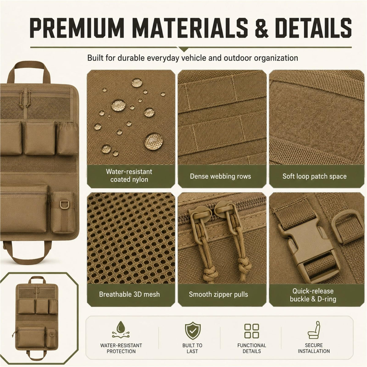 Tactical MOLLE Car Seat Back Organizer with Storage Pockets