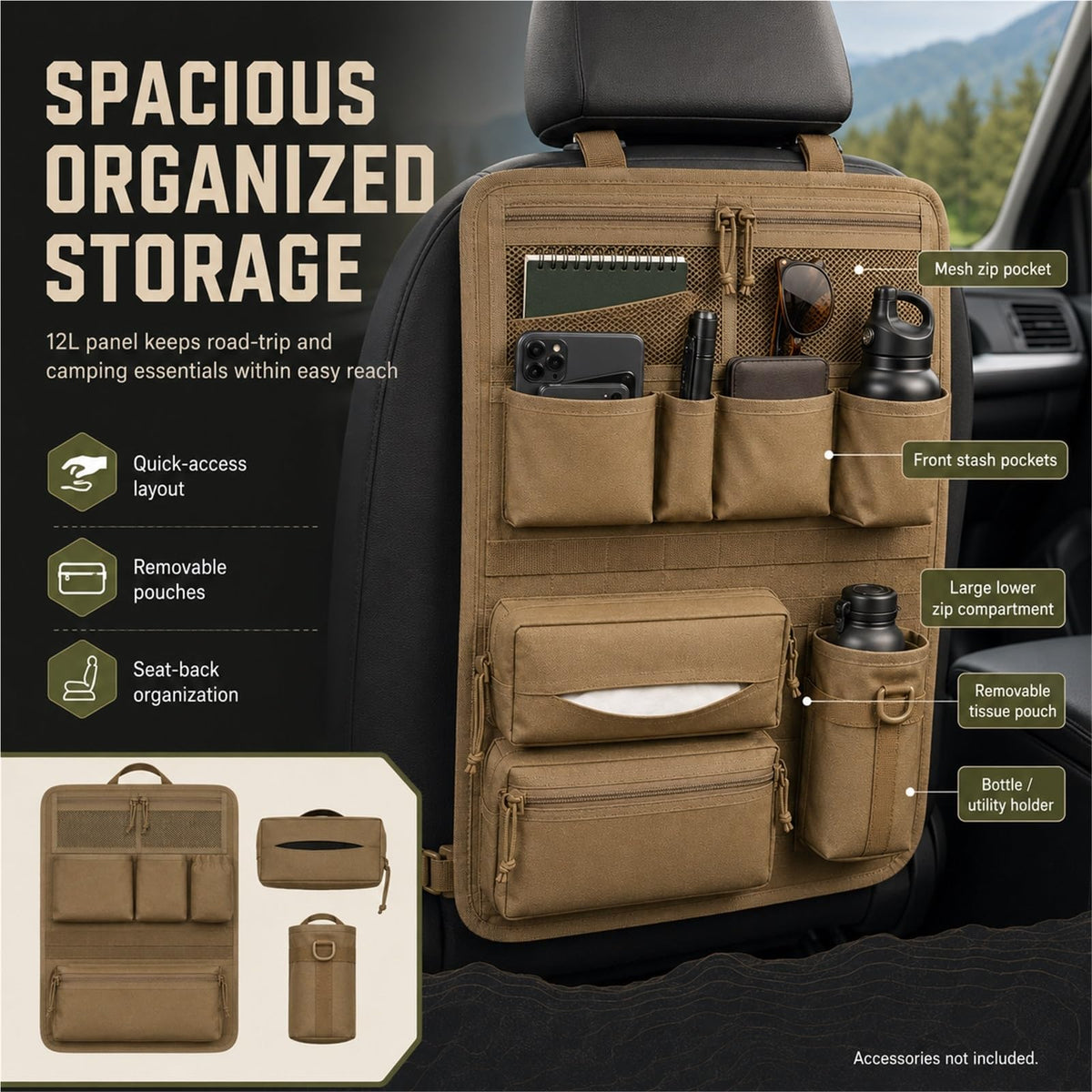 Tactical MOLLE Car Seat Back Organizer with Storage Pockets