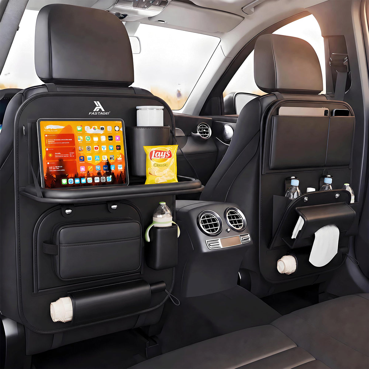 FASTAGEI Leather Backseat Organizer with Detachable Tray