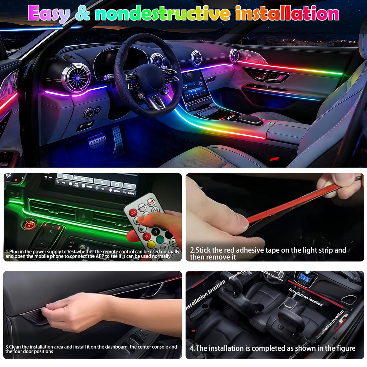 RGB-IC Car Ambient LED Strip Light Kit with App & Remote